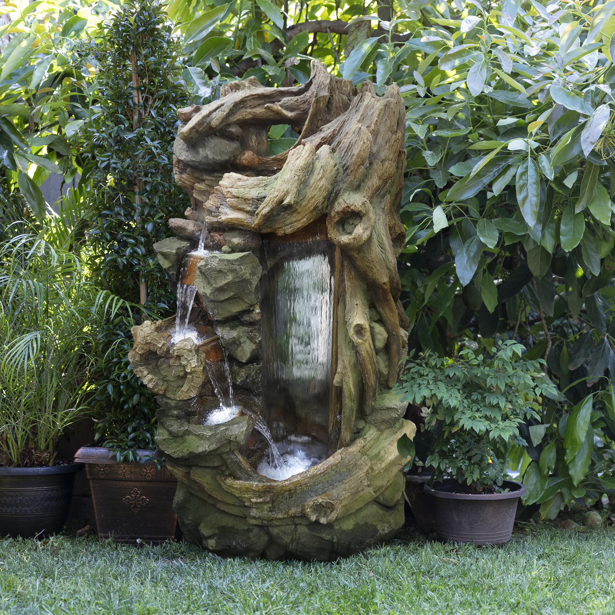 Alpine Corporation TZL404 71" Cascading Tree Trunk Fountain with LED Lights, Outdoor Waterfall Water Feature for Garden, Patio, Lawn & Backyard Decor, Relaxing Water Feature with Rustic Design
